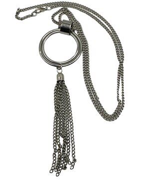 Contemporary Tassel Pendant Necklace Long Concentric Circle Silver Tone Chain